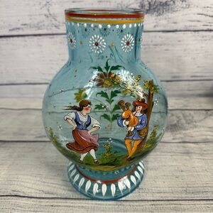 Vintage Hand Painted Glass Commentative 1657 Floral Folk Art Dancer & Bag Pipes